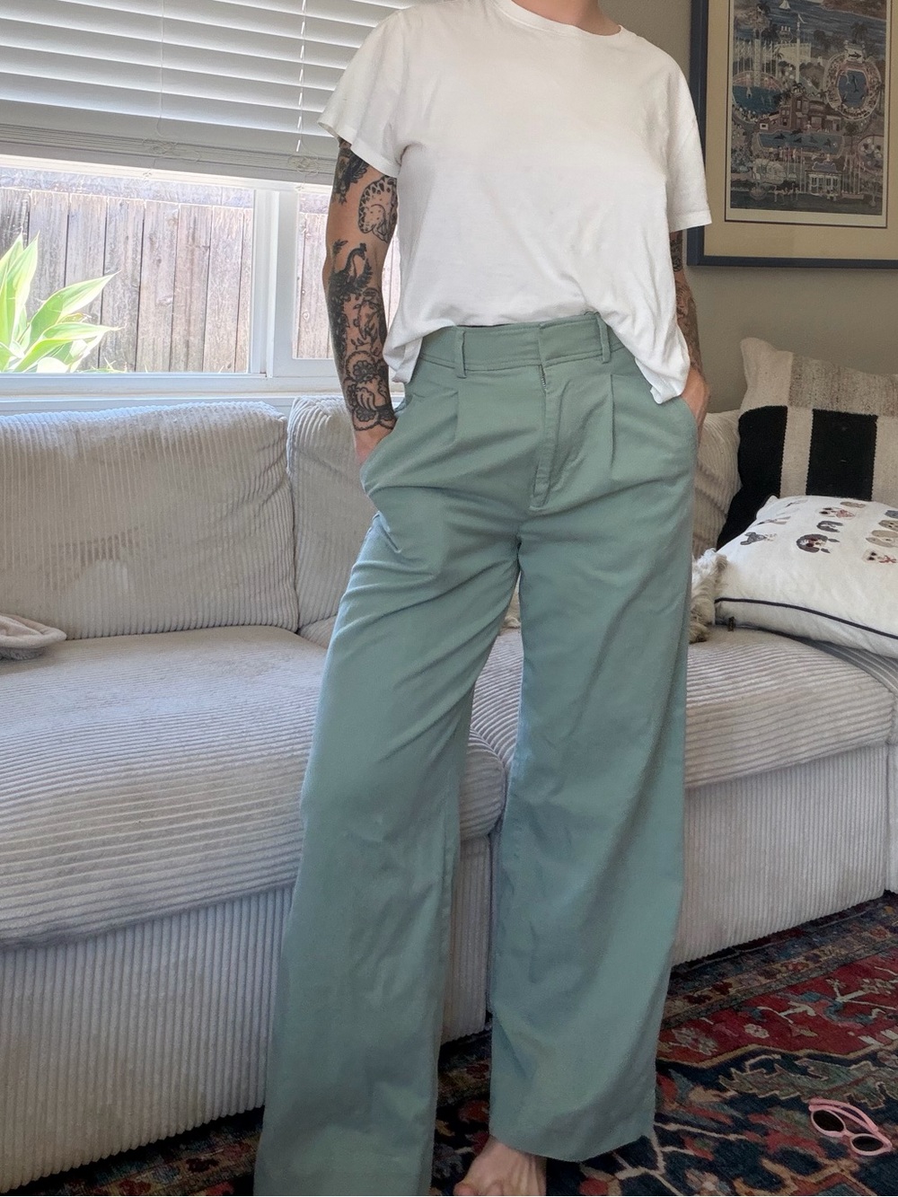 Everlane green high rise wide leg pleated trousers pants
